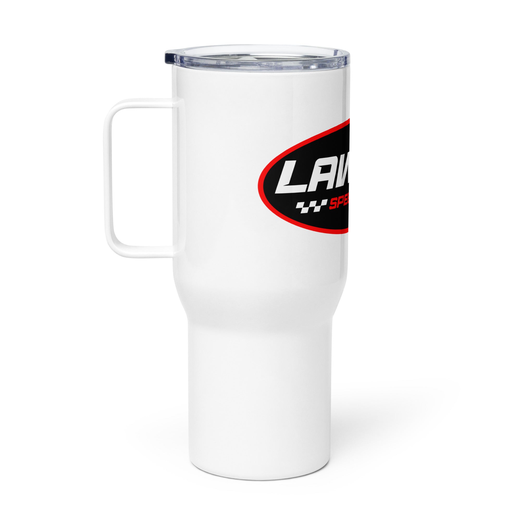 Right Side of a White Lawson Speed Shop Travel Mug with a Handle.