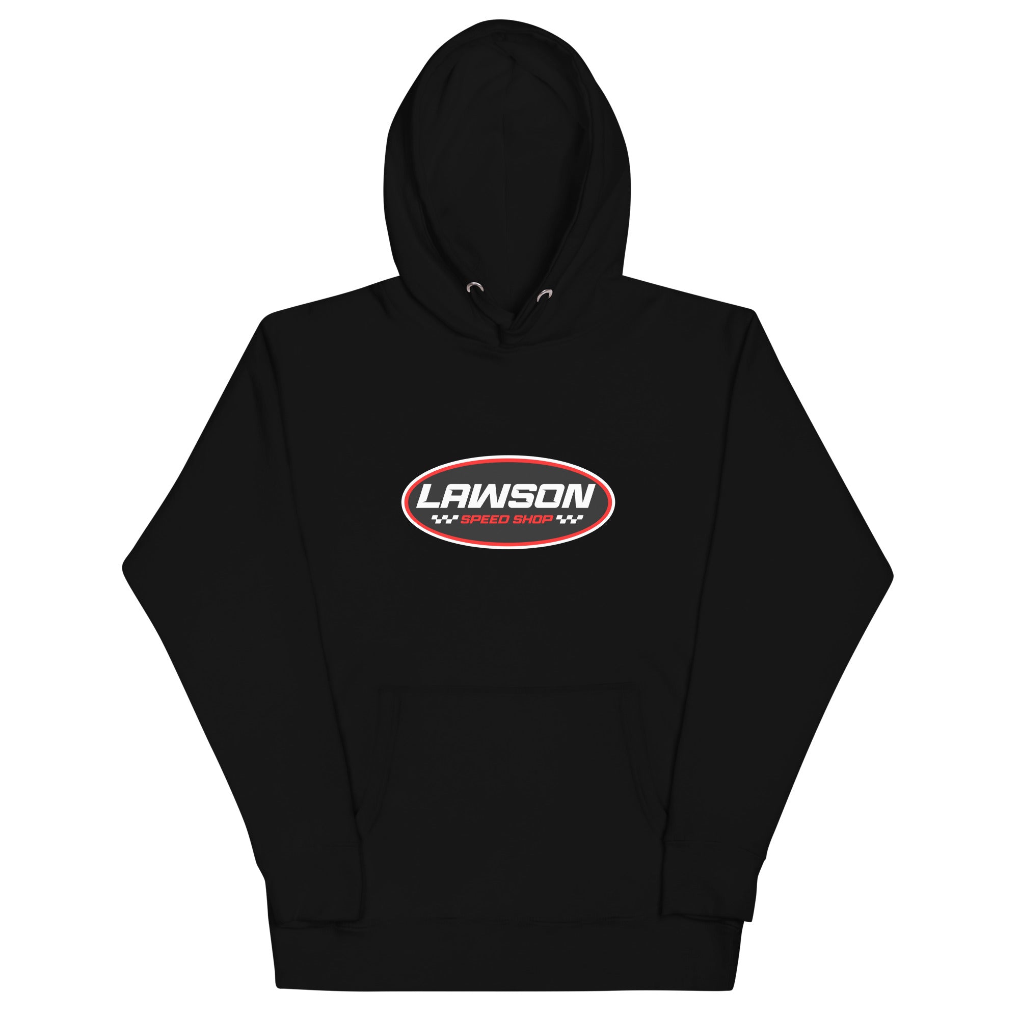 Front of a Black Lawson Speed Shop Unisex Hoodie.