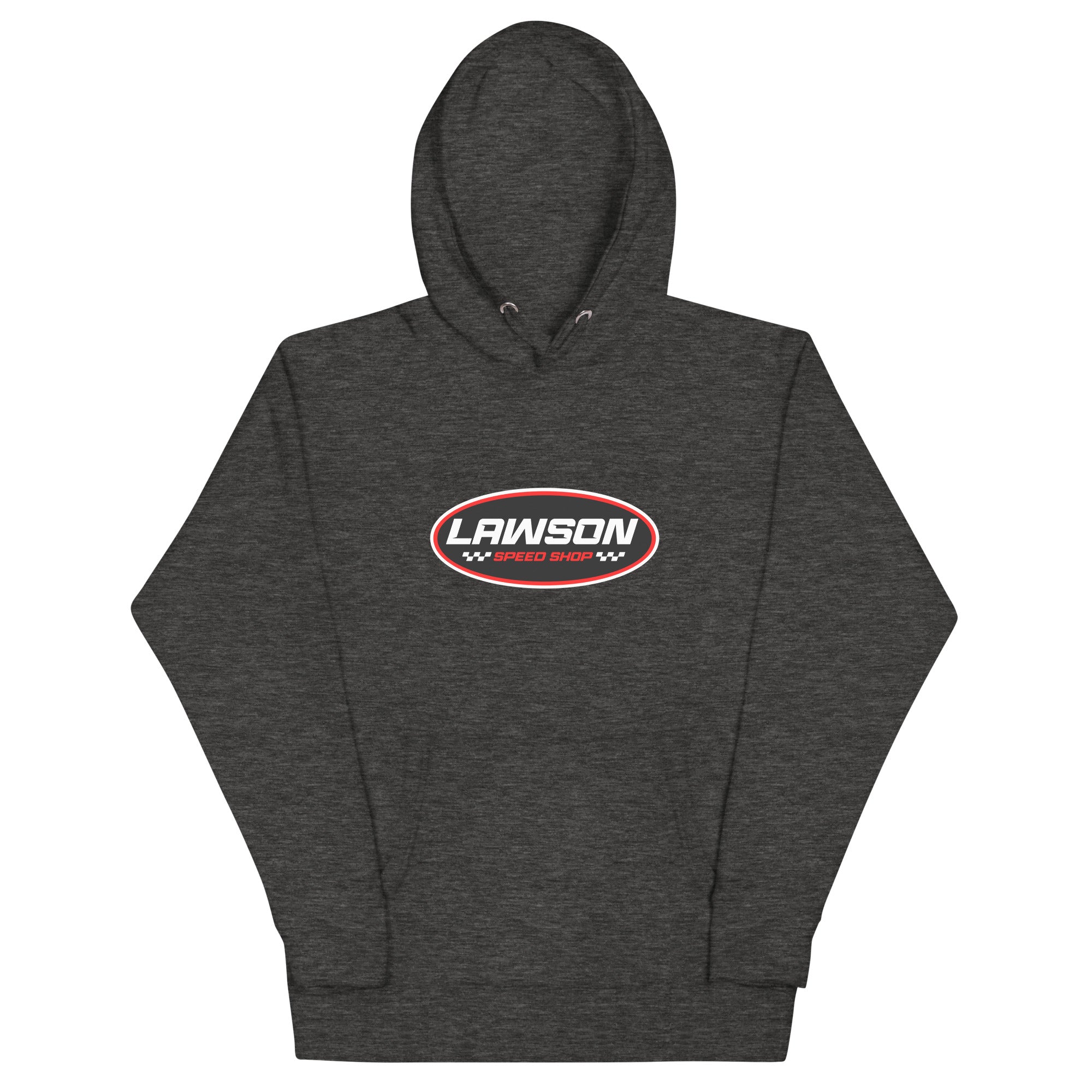Front of a Dark Grey Lawson Speed Shop Unisex Hoodie.