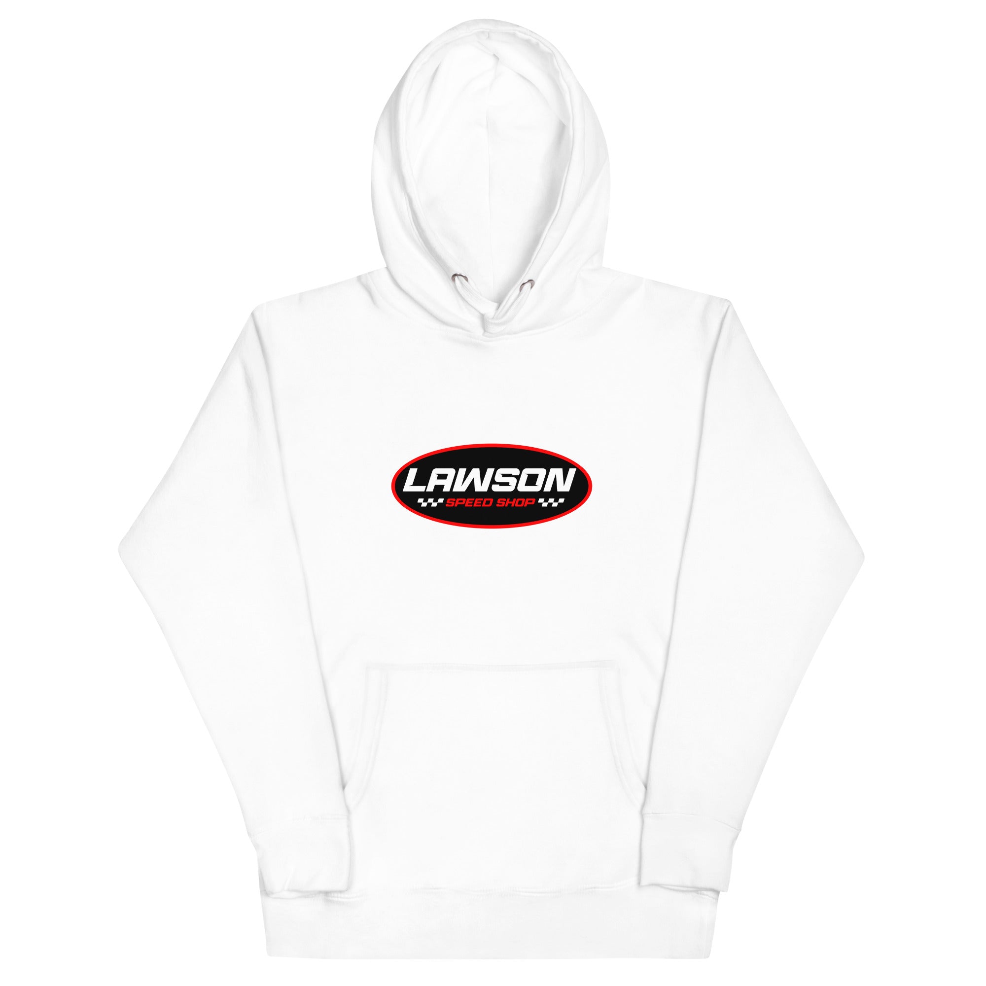 Front of a White Lawson Speed Shop Unisex Hoodie.