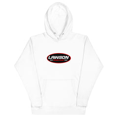 Front of a White Lawson Speed Shop Unisex Hoodie.