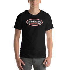 A Man Wears a Black Lawson Speed Shop Unisex T Shirt.