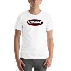 A Man Wears a White Lawson Speed Shop Unisex T Shirt.