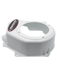 Bottom of a White Powder Coated LO206 Side Blower Cover with Lawson Speed Shop Logo Sticker on Its Left Side.