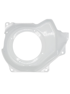 Back of a White Powder Coated LO206 Side Blower Cover with Lawson Speed Shop Logo Sticker on Its Left Side.