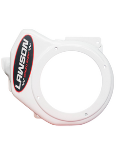 White Powder Coated LO206 Side Blower Cover with Lawson Speed Shop Logo Sticker on Its Left Side.