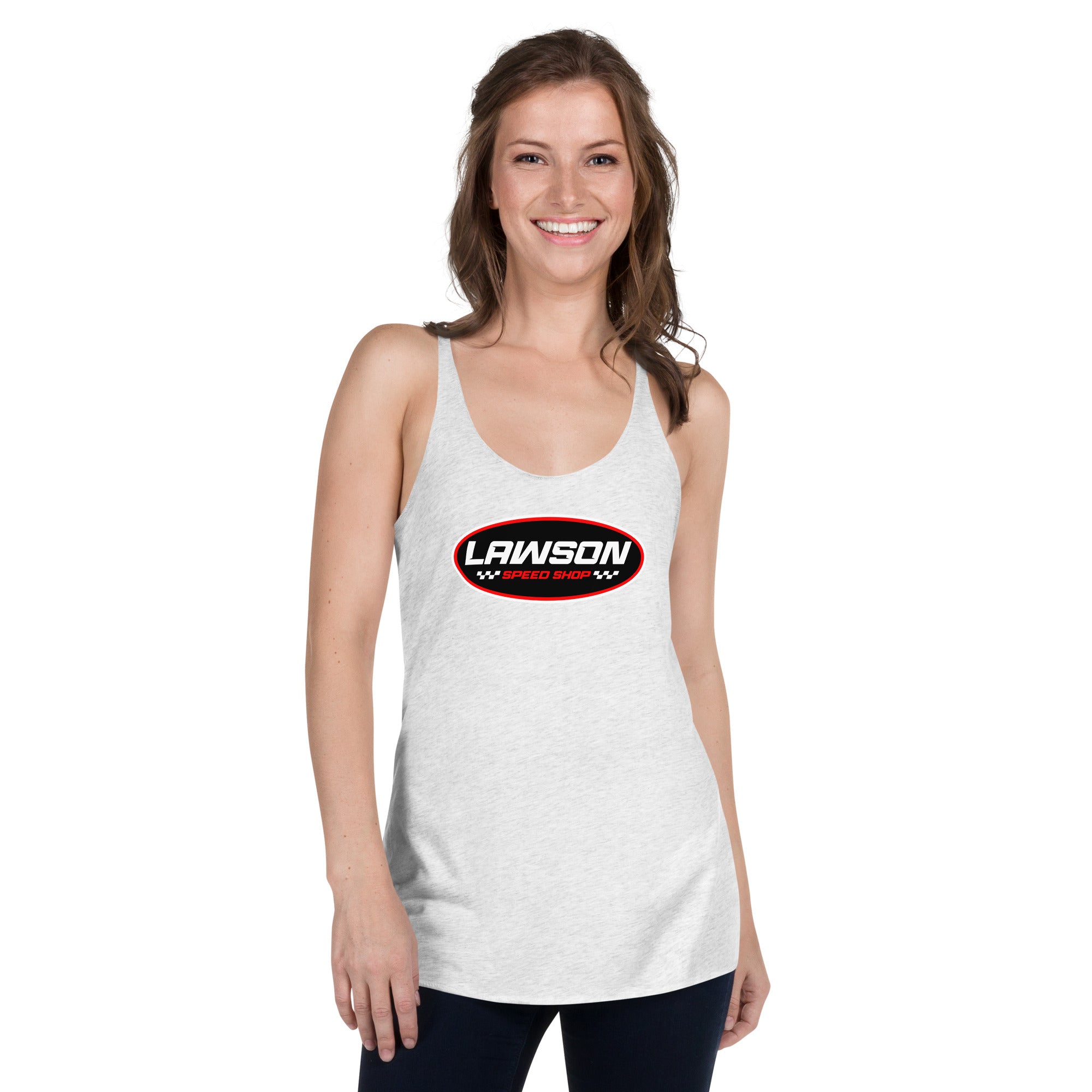 A Smiling Woman Wears a Lawson Speed Shop White Heather Racerbank Tank Top.