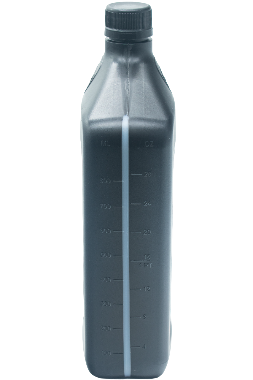 Left SIde of a Lawson Racing Oil Black Quart Bottle.