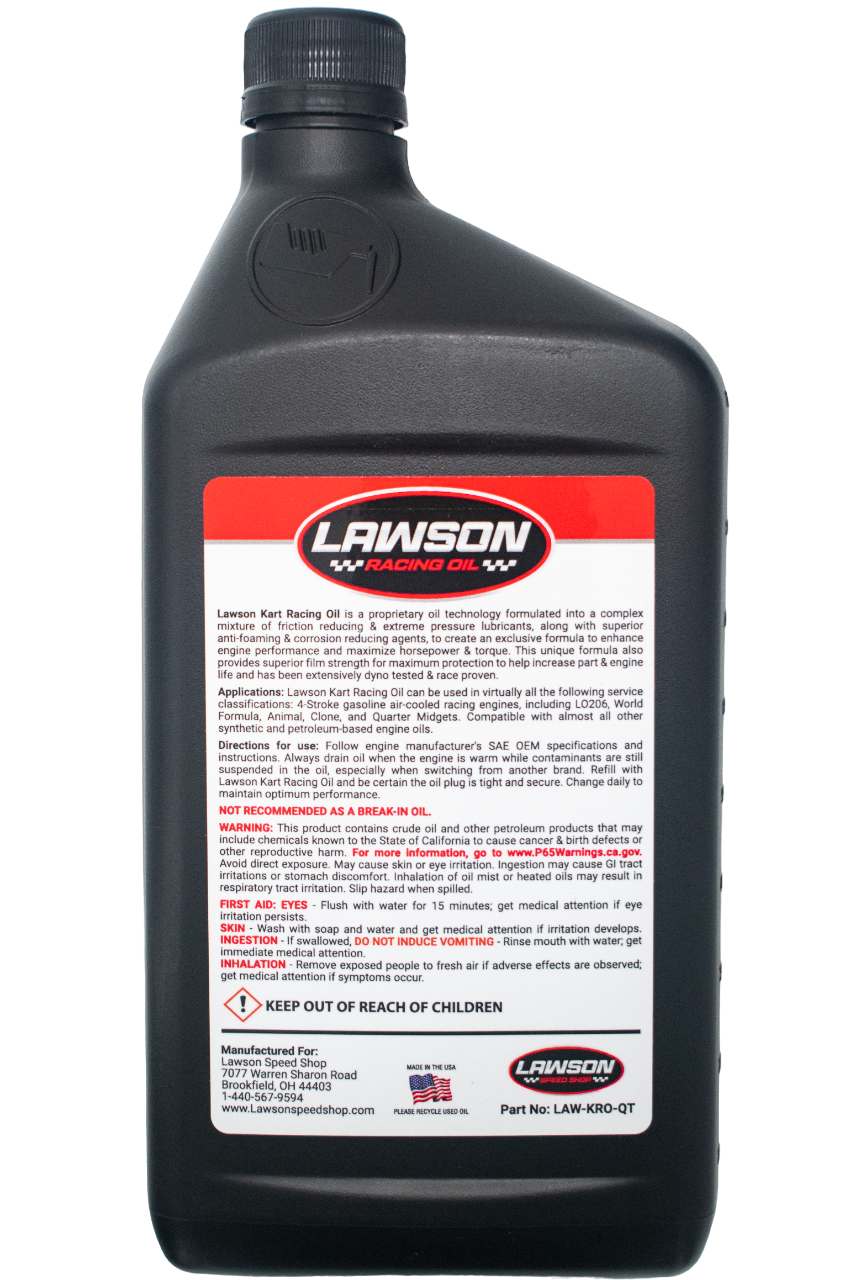 Back Side of a Lawson Racing Oil Black Gallon Bottle.