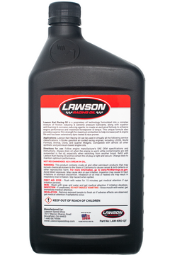 Back Side of a Lawson Racing Oil Black Gallon Bottle.