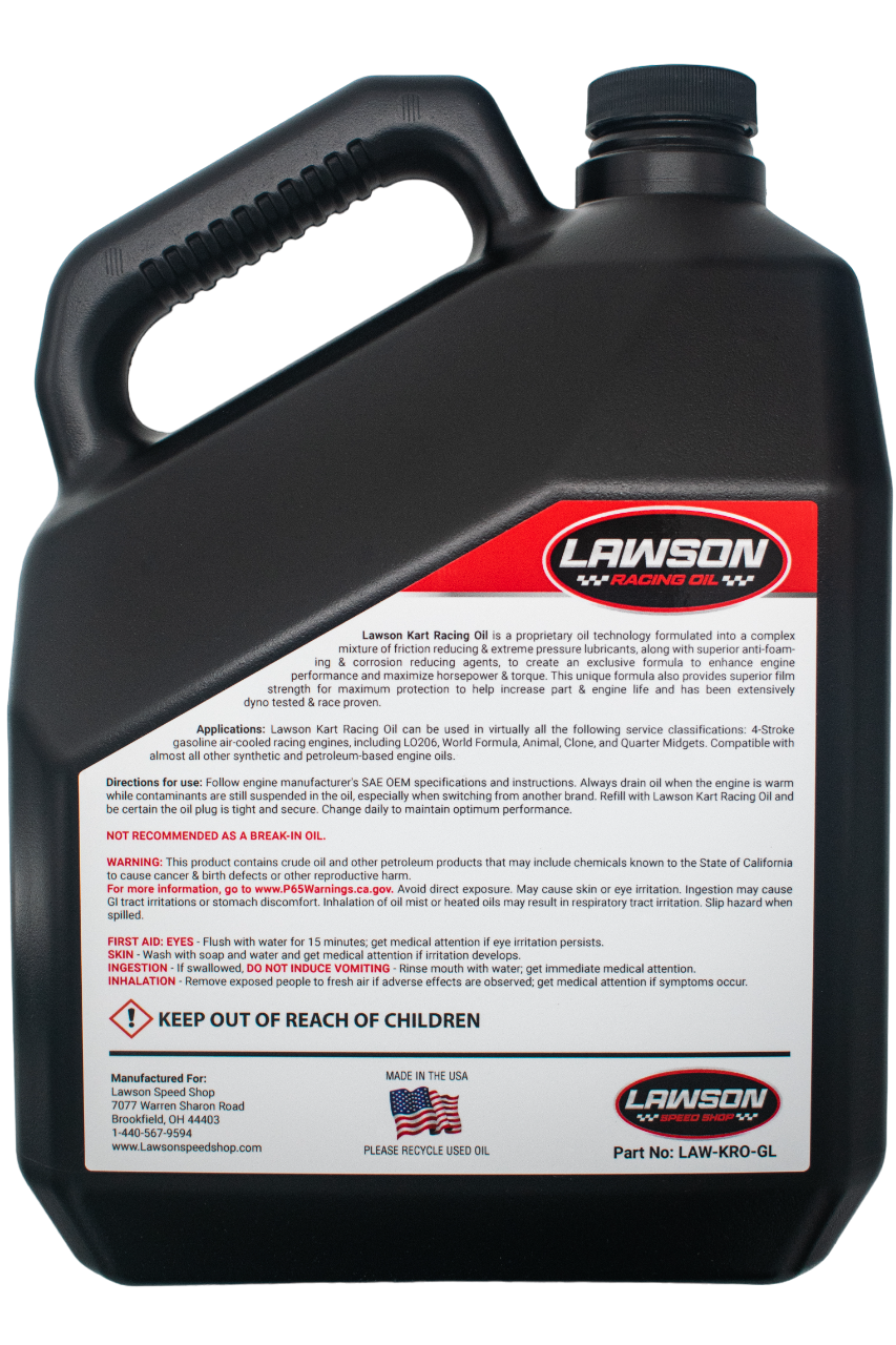Back of a Lawson Racing Oil Black Gallon Bottle.