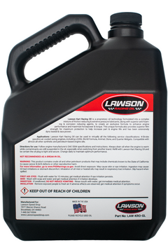Back of a Lawson Racing Oil Black Gallon Bottle.