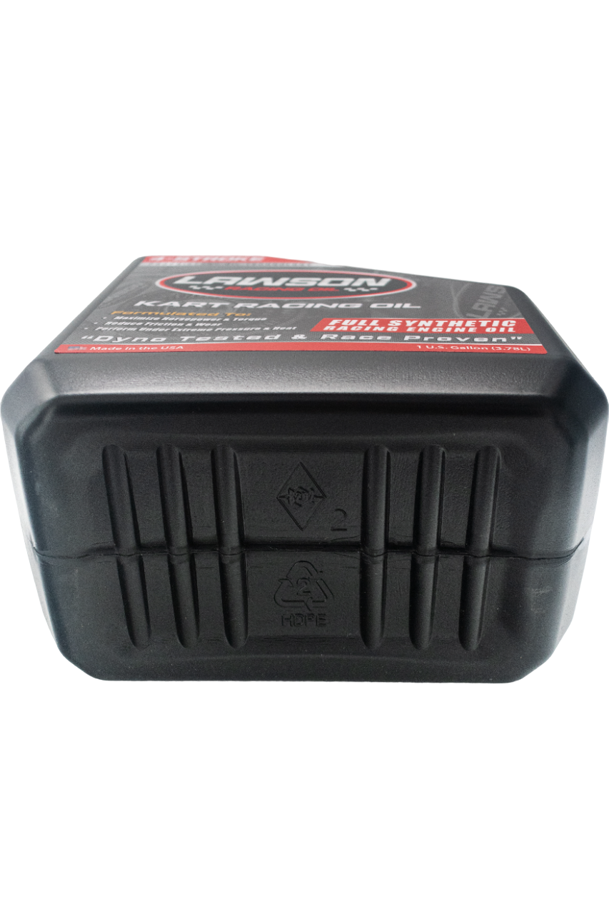 Underside of a Lawson Racing Oil Black Gallon Bottle.