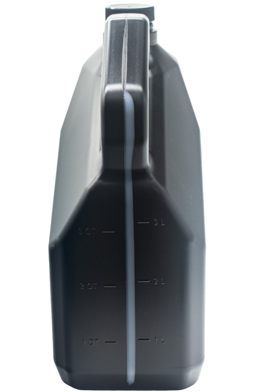Left Side of a Lawson Racing Oil Black Gallon Bottle.