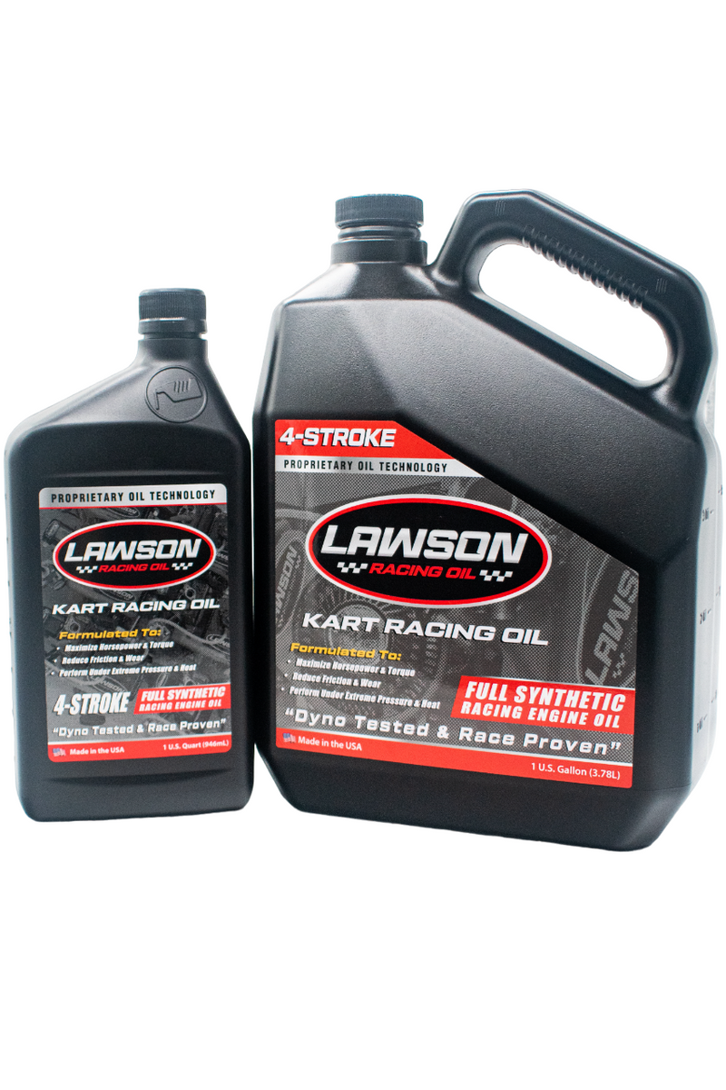 Black Lawson Racing Oil Quart Bottle Next to a Black Racing Oil Gallon Bottle.