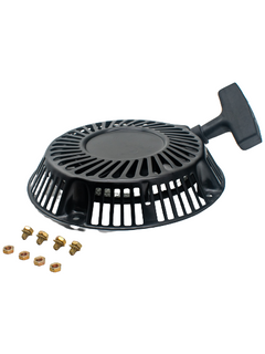 Front Right of a Black LO206 Recoil Pull Starter with Four Bronze Colored Nuts and Bolts in Front of It.