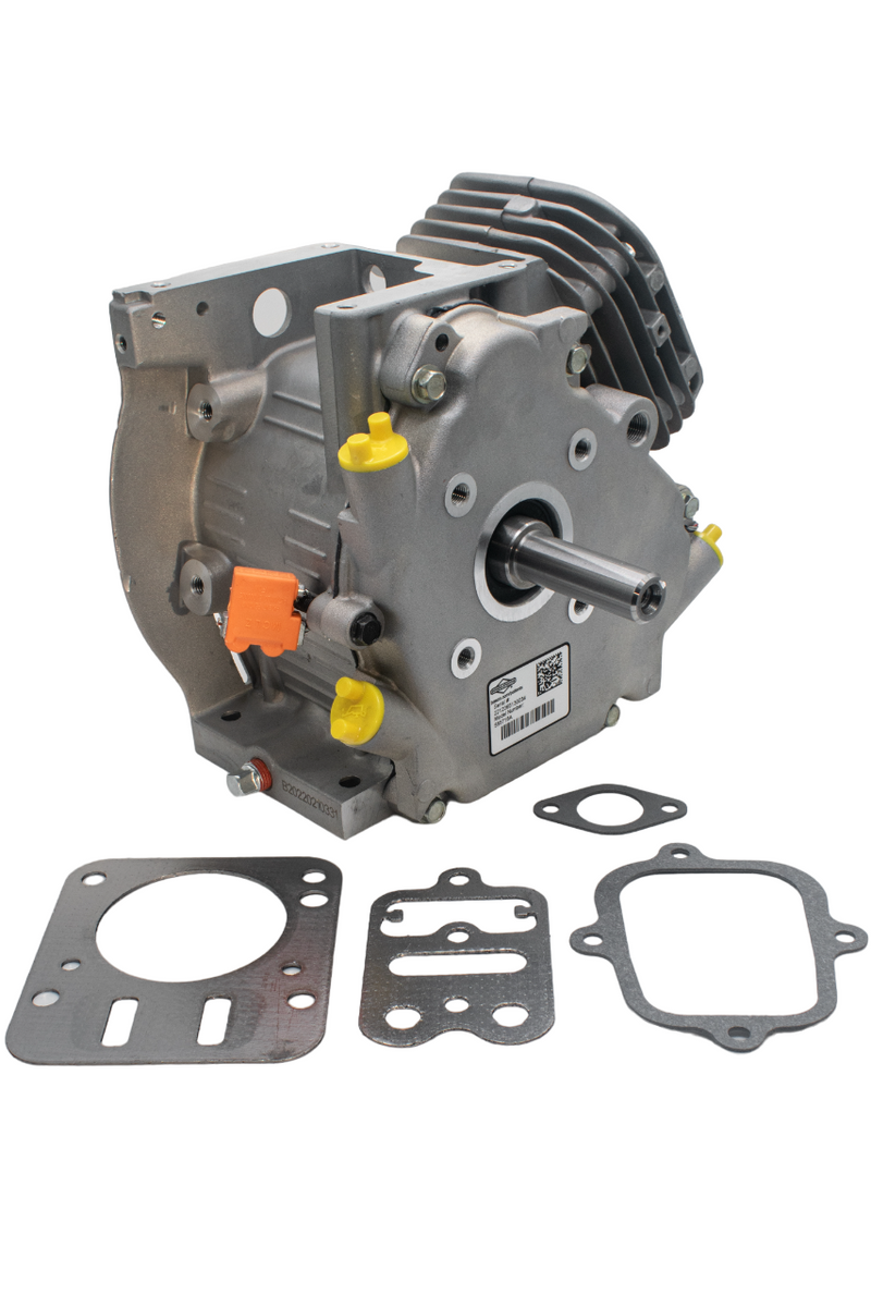 Front Left of a Sealed Briggs & Stratton LO206 Short Block with Intake, Head, Head Plate, and Valve Cover Gaskets in Front of It.