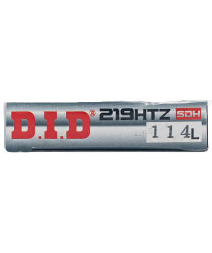 End View of the #219 DID HTZ Hard Pin 114L Chain Silver Box with Red DID Lettering.