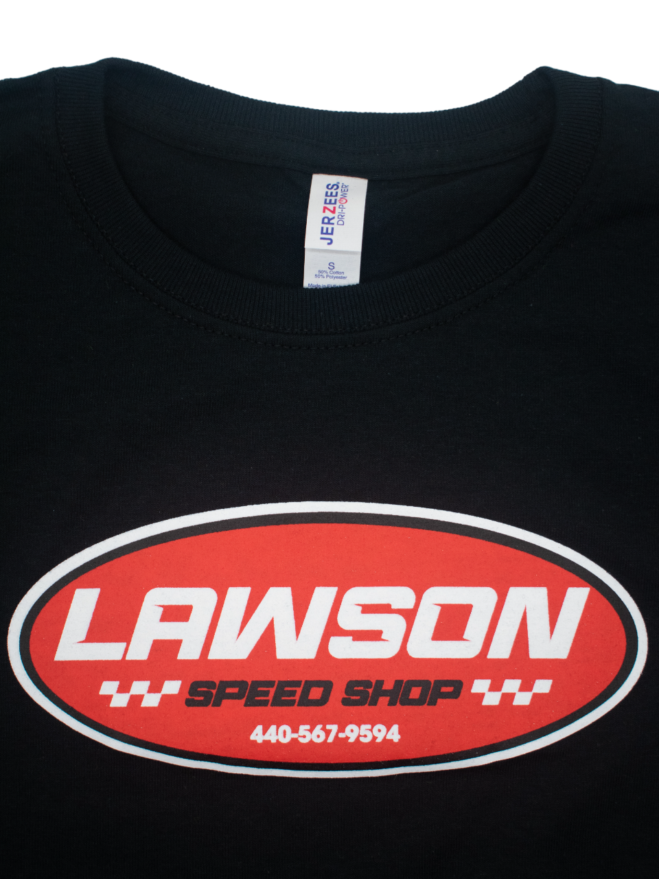 Front of a Black Lawson Speed Shop T Shirt.