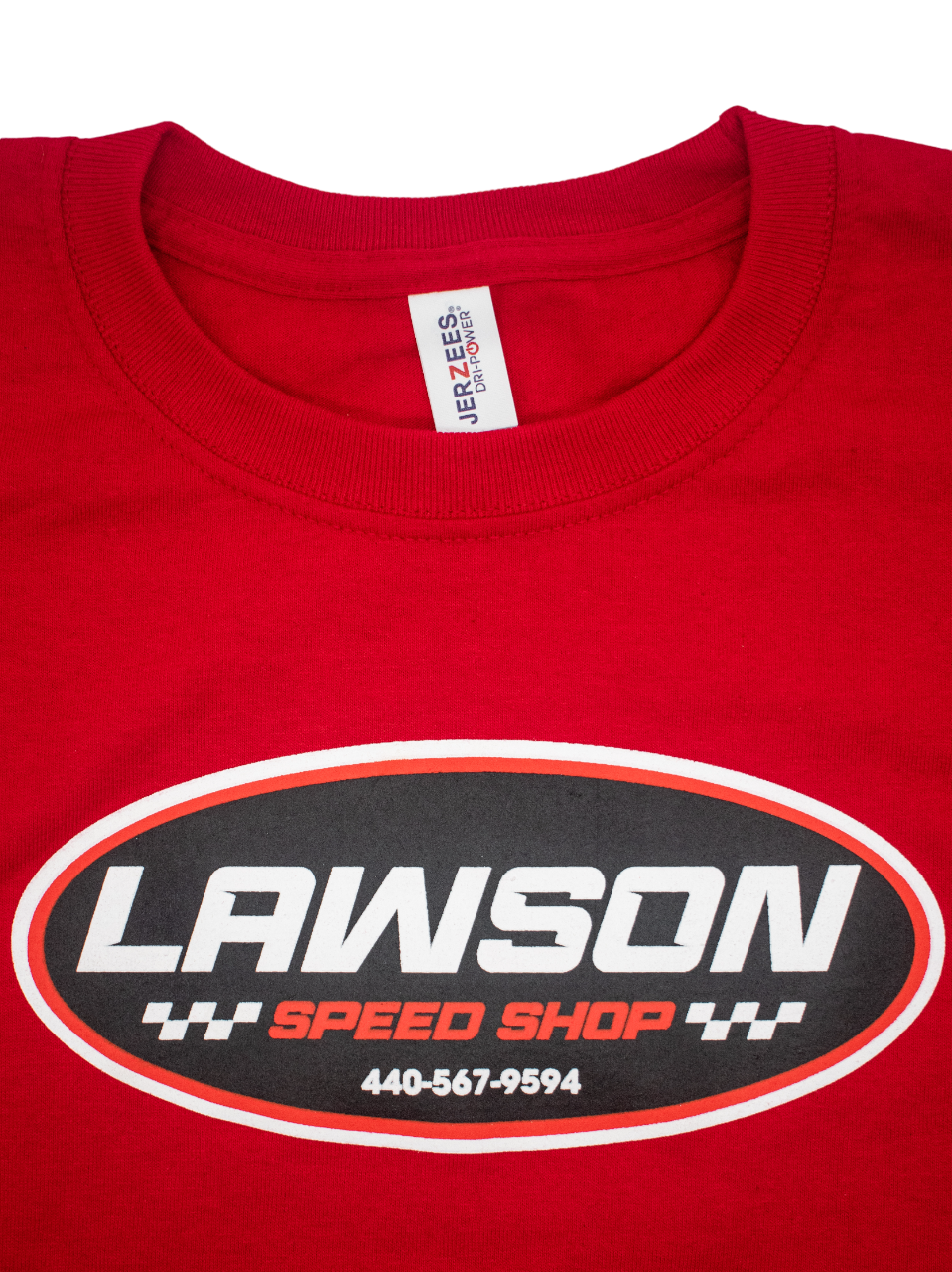 Front of a Red Lawson Speed Shop T Shirt.