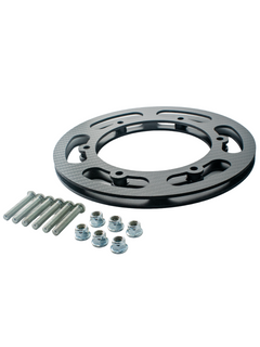 Front Right View of a Carbon Fiber Two-Piece Sprocket Guard 200mm 7 7/8 Inch Diameter with Metric Hardware.