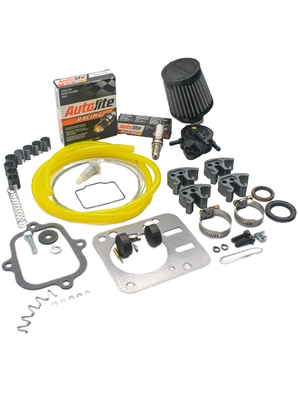 LO206 Emergency Spare Consumables Kit with Spark Plugs, an Air Filter, Clutch, Hardware, Shoes, and Springs, Hose Clamps, Oil Seals, Header Bolts, Gaskets, Fuel Line and Filter, Carburetor Parts, Throttle Cable Housing and Cable, and Retainer Clips.