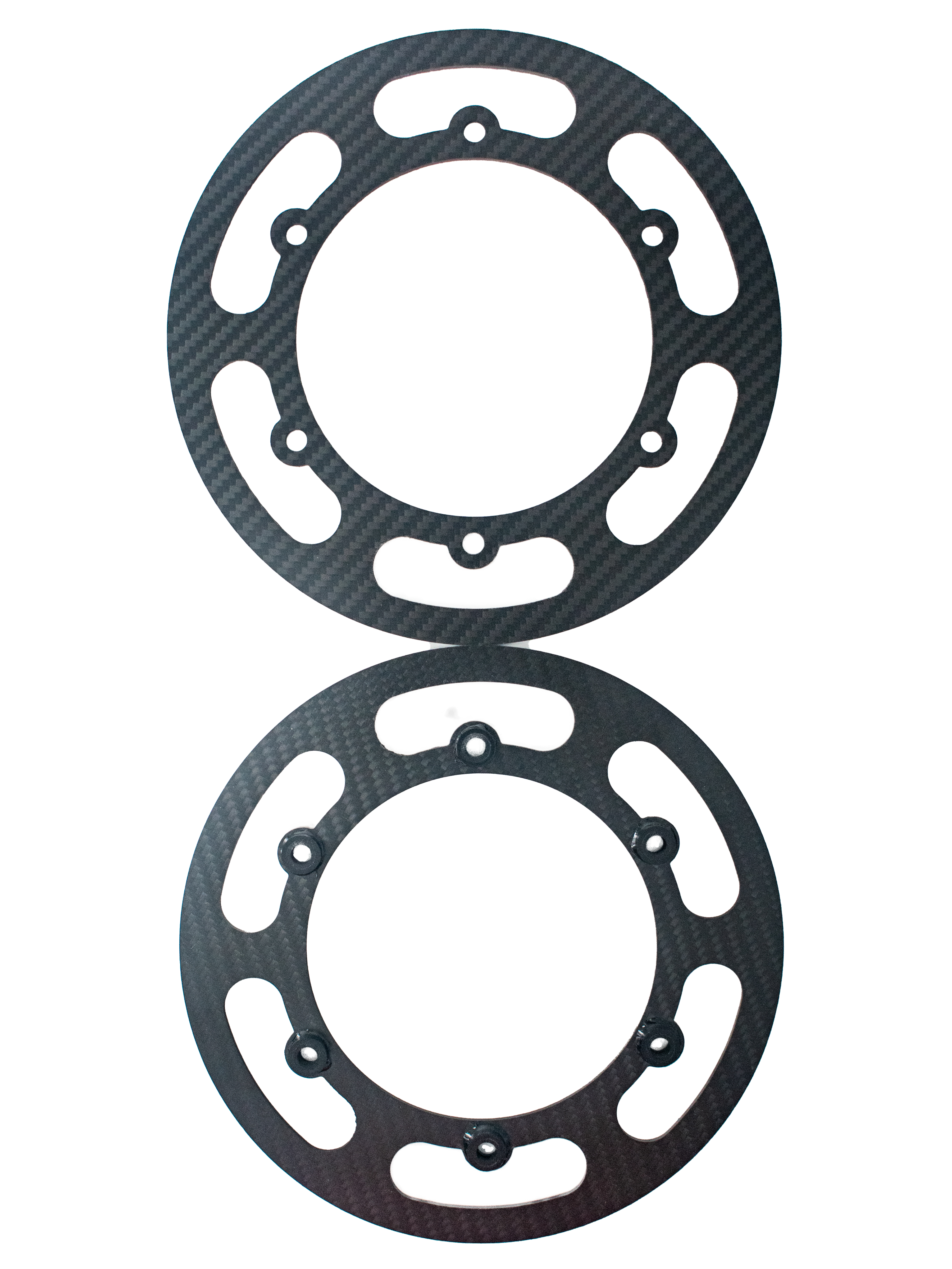 Top Down View of Both Pieces of the Carbon Fiber 200mm 7 7/8 Inch Diameter Sprocket Guard.