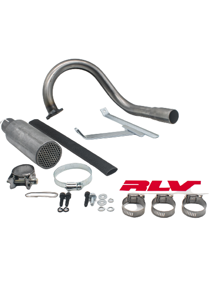Front View of an LO206 Spec RLV Complete Exhaust Header Kit with a Pipe, Muffler, Mounting Brackets, Hose Clamps, Mounting Hardware, an Exhaust Sleeve, and an RLV Logo Sticker.