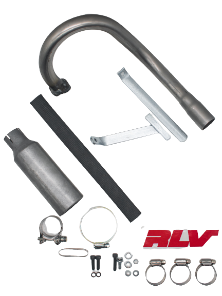 Overhead View of an LO206 Spec RLV Complete Exhaust Header Kit with a Pipe, Muffler, Mounting Brackets, Hose Clamps, Mounting Hardware, an Exhaust Sleeve, and an RLV Logo Sticker.