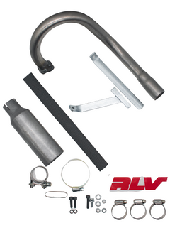 Overhead View of an LO206 Spec RLV Complete Exhaust Header Kit with a Pipe, Muffler, Mounting Brackets, Hose Clamps, Mounting Hardware, an Exhaust Sleeve, and an RLV Logo Sticker.