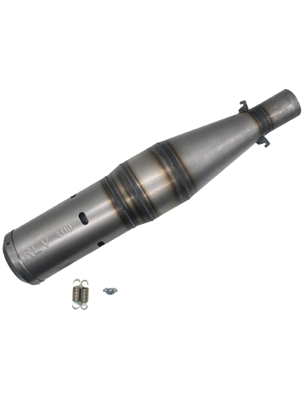 Top View of an RLV #4110 World Formula Canada and GoPro Trackhouse Motorplex Spec LO206 Muffler nd Mounting Springs and Screws.