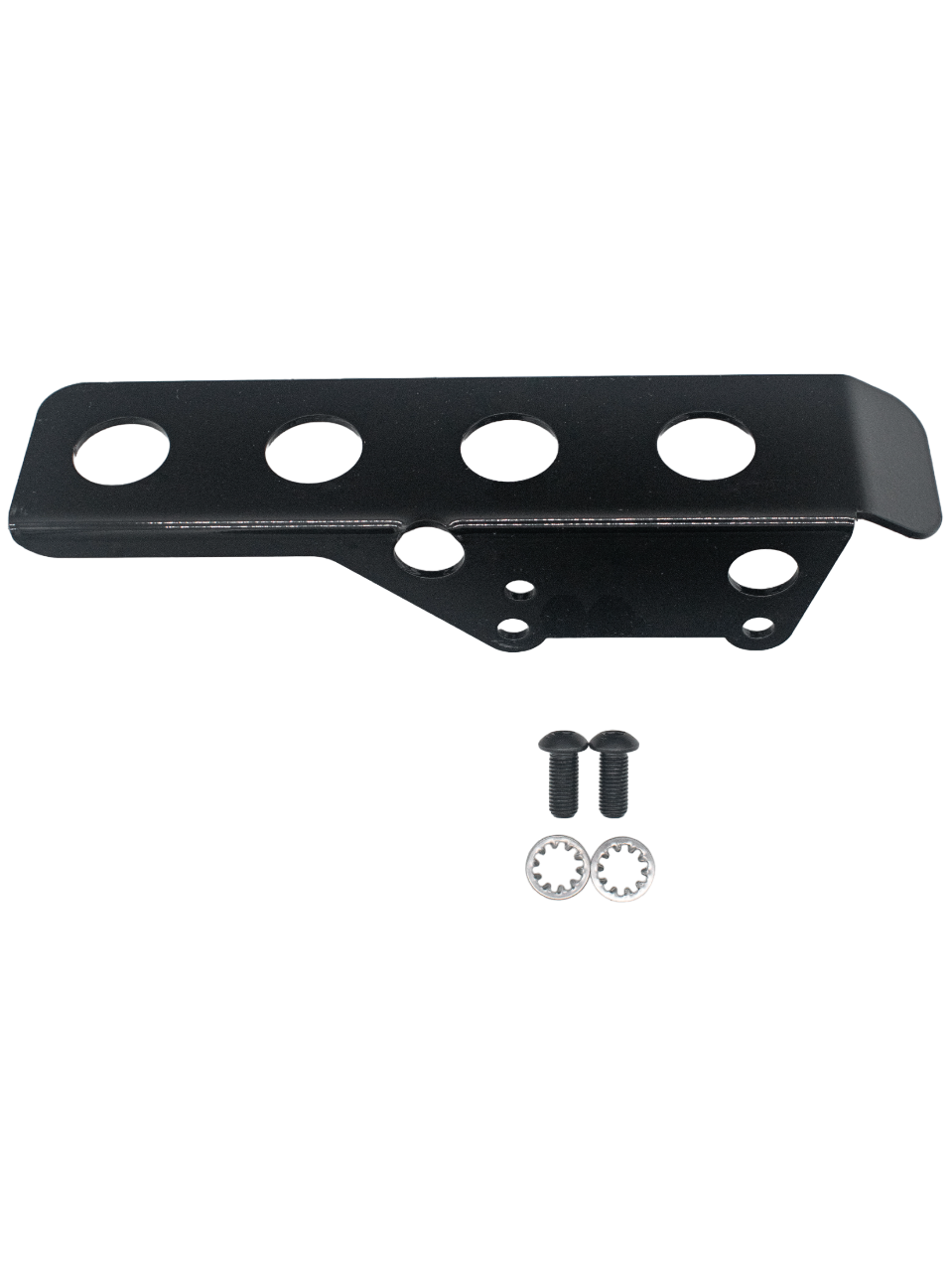 Top View of a Black LO206 Steel Chain Guard with Two Bolts and Washers in Front of It.