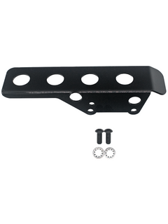 Top View of a Black LO206 Steel Chain Guard with Two Bolts and Washers in Front of It.