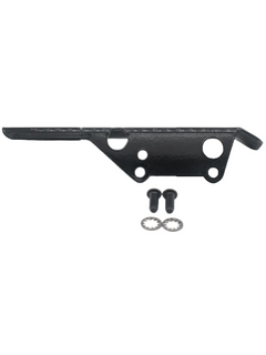 Front View of a Black LO206 Steel Chain Guard with Two Bolts and Washers in Front of It.