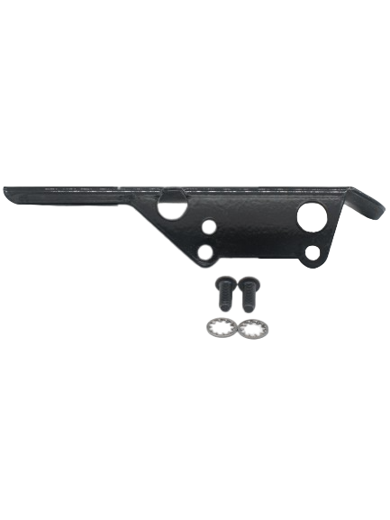 Front View of a Black LO206 Steel Chain Guard with Two Bolts and Washers in Front of It.