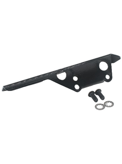 Front Left View of a Black LO206 Steel Chain Guard with Two Bolts and Washers in Front of It.