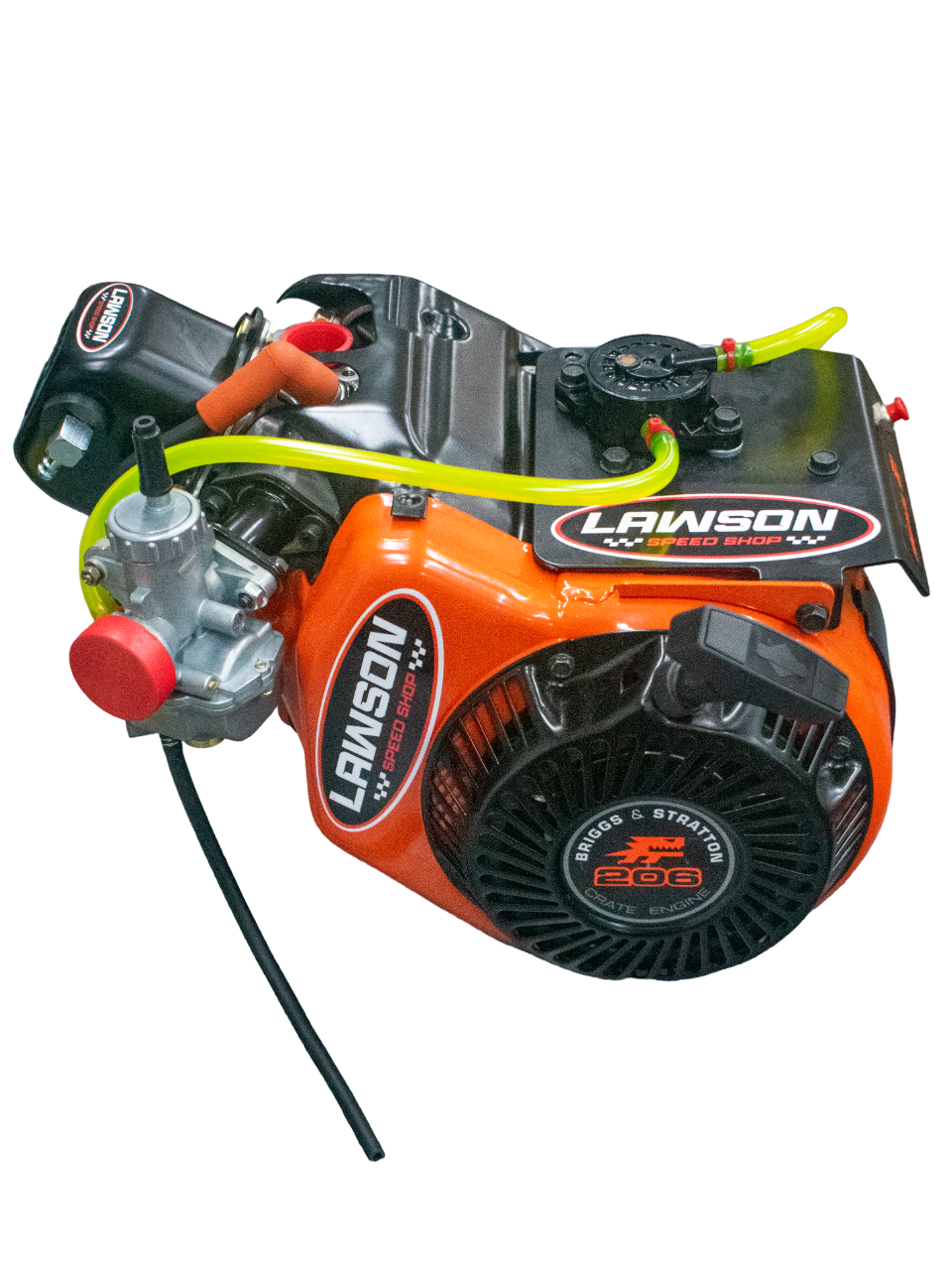 Top Right Side View of a Lawson Speed Shop Race Prepped LO206 Engine with a Lawson Speed Shop Sticker on It.