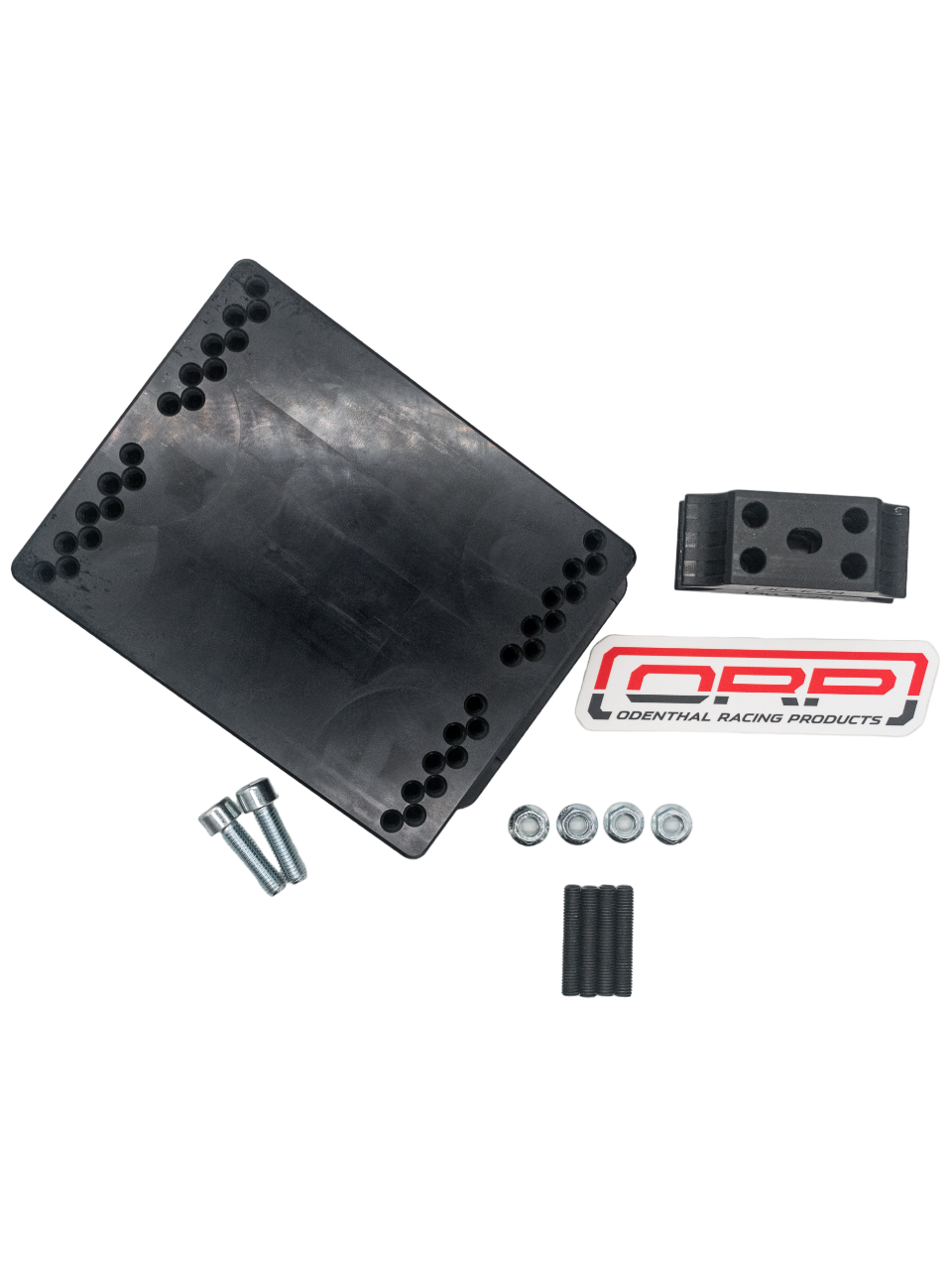 Top View of an Odenthal EZ Set 4-Cycle LO206 Mount with Two Brackets, Bracket Bolts, Four Studs, Four Nuts, and an Odenthal Racing Products Sticker.