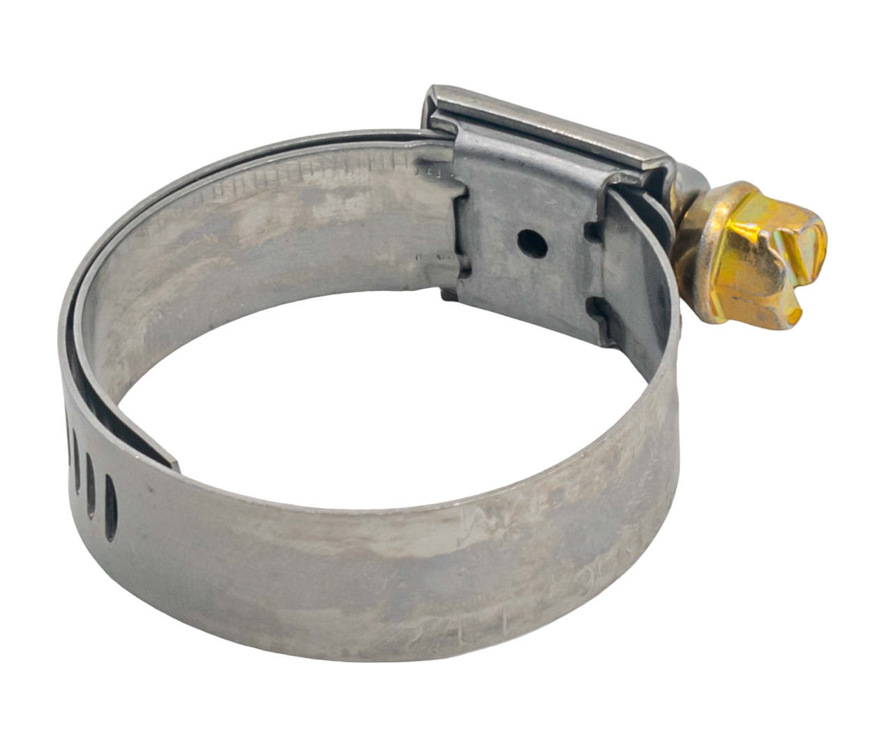 LO206 Heavy Duty Stainless Steel Exhaust Hose Clamp with Bronze Colored Bolt in It Laying Down.