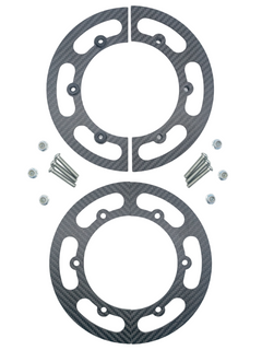 Top Down View of a Carbon Fiber Lightweight Mini Sprocket Guard with Metric Hardware and Aluminum Inserts.