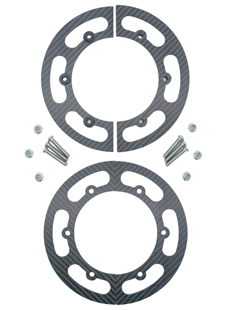 Top Down View of a Carbon Fiber Lightweight Mini Sprocket Guard with Metric Hardware and Aluminum Inserts.