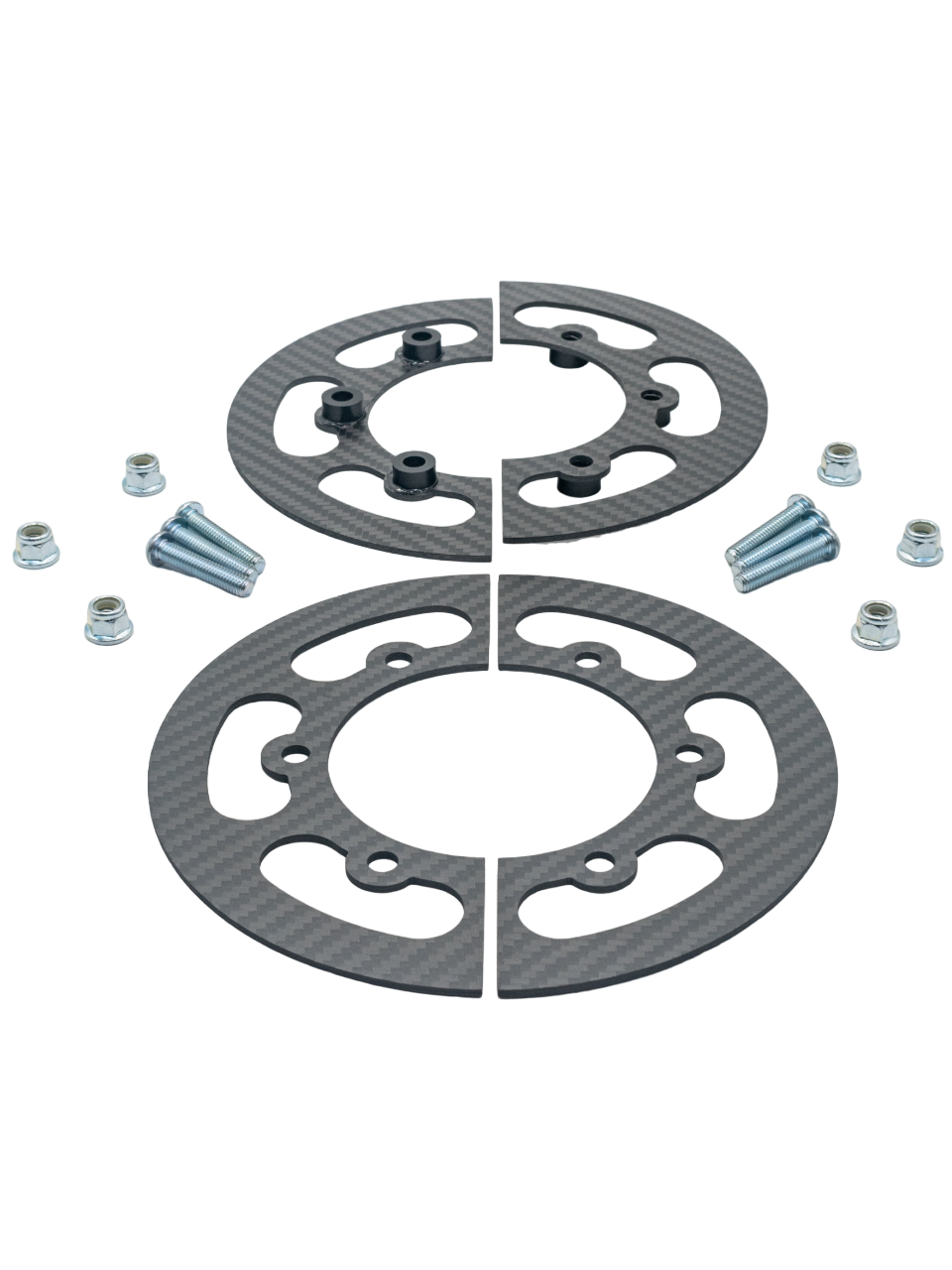 Front View of a Carbon Fiber Lightweight Mini Sprocket Guard with Metric Hardware and Aluminum Inserts.