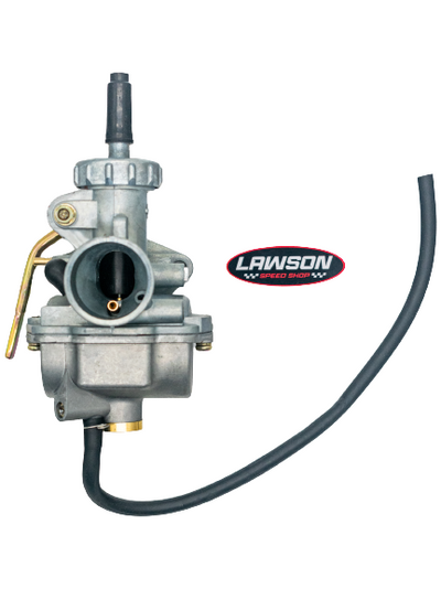 Top View of a Fully Assembled LO206 Carburetor with a Lawson Speed Shop Sticker Next to It.