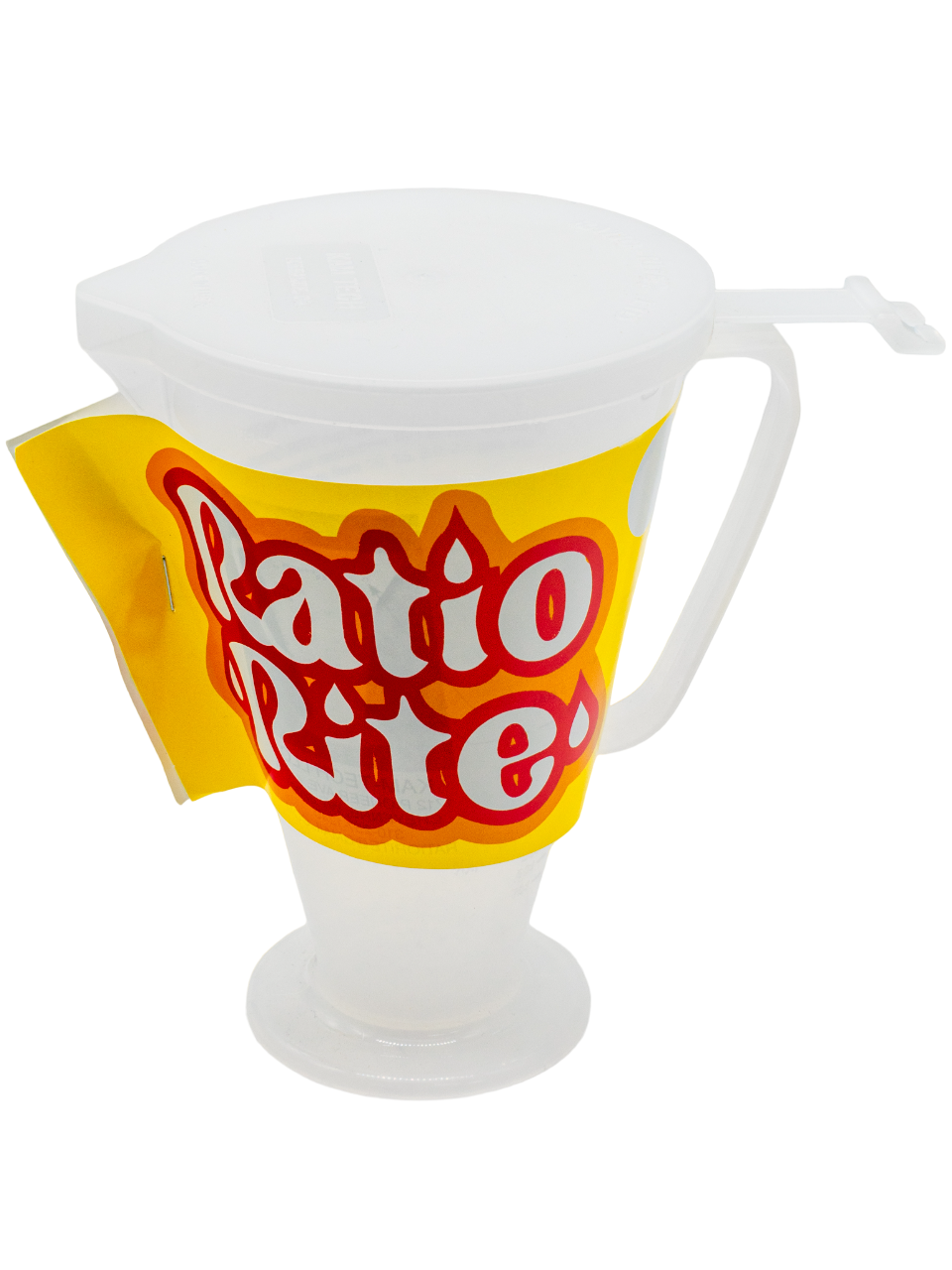 Top View of a Ratio Rite Oil Measuring Cup with Lid and Yellow, Orange, White, and Red Ratio Rite Label.