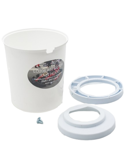 Left Angled Top View of the White Timberlake Products Group LO206 Air Filter Rain Hood Cover Kit.