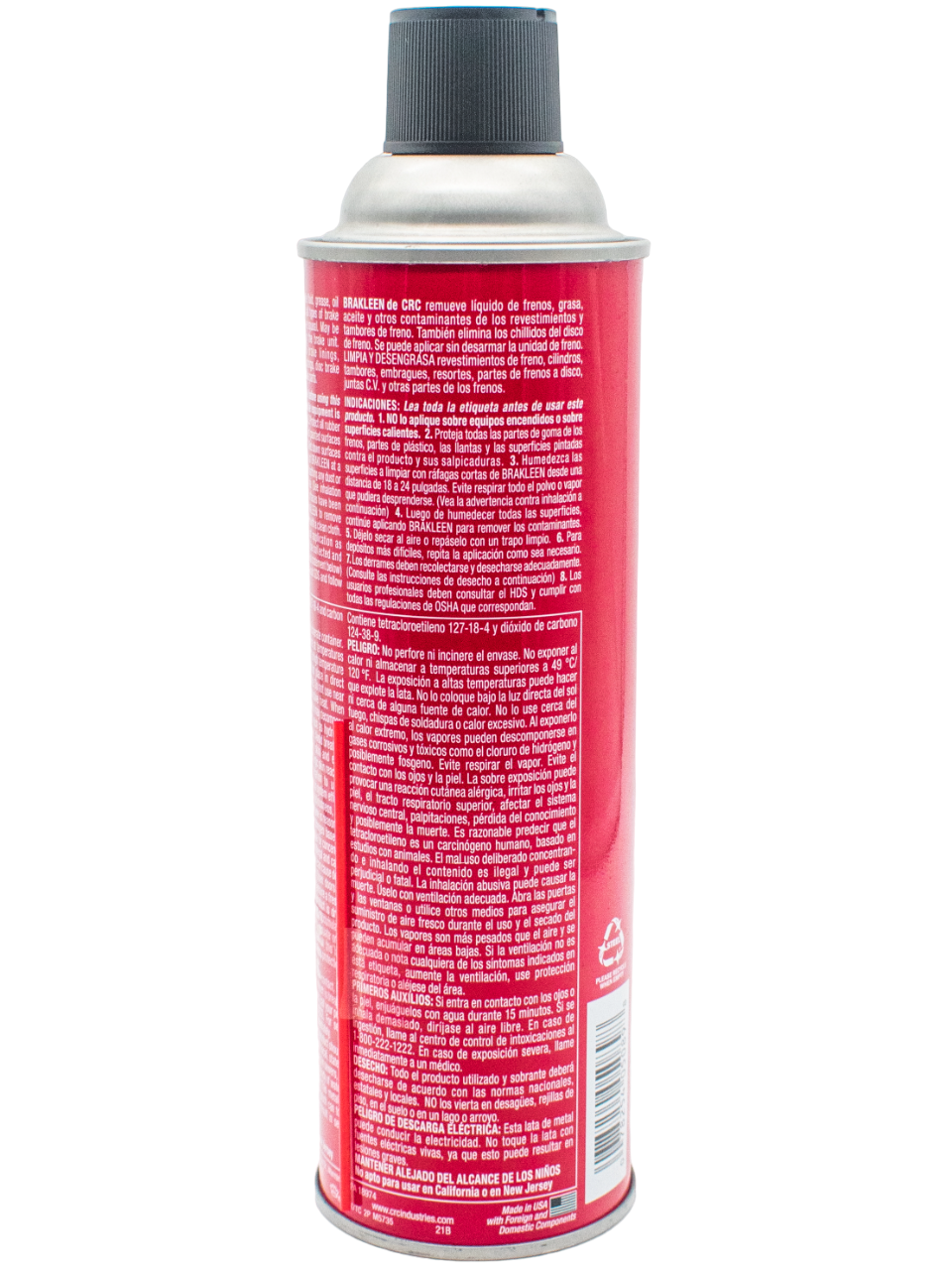 Back Right Side of a CRC Brakleen Brake Parts Cleaner Can.
