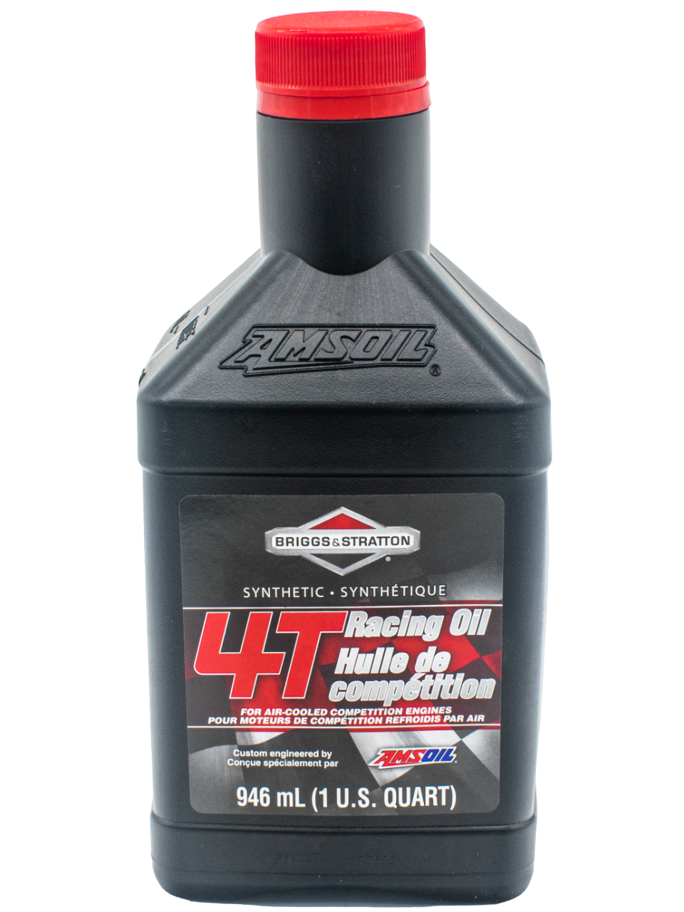 Front of an Amsoil 4T Racing Oil Bottle.