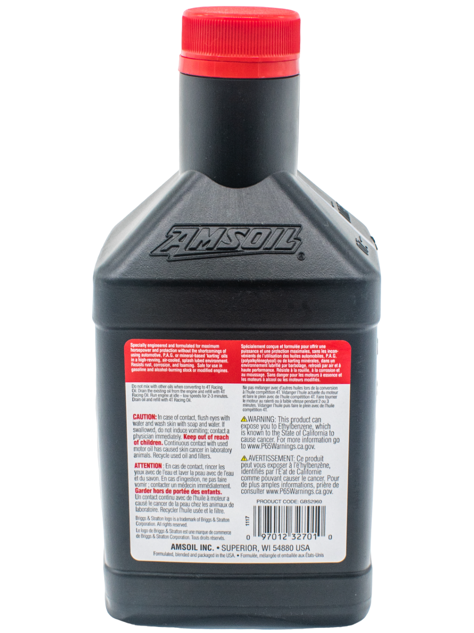Back of an Amsoil 4T Racing Oil Bottle.