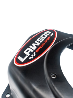 Chrome Lawson Speed Shop Logo Sticker on a Black Powder Coated LO206 Side Blower Cover.