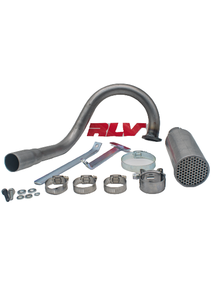 Front View of an LO206 Spec RLV Exhaust Lefty Header Kit with a Pipe, Muffler, Mounting Brackets, Hose Clamps, Mounting Hardware, and an RLV Logo Sticker.